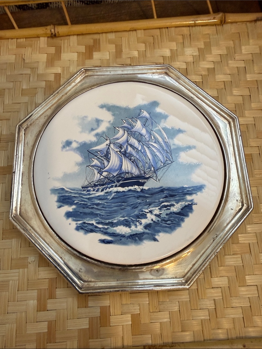 Vintage Wallace Silver 5013 Silverplate Trivet Plate Blue Sailing Ceramic